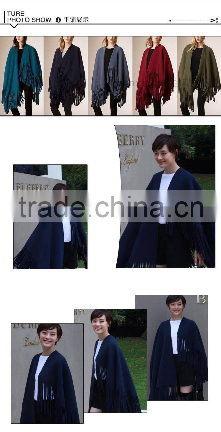 Latest Style Navy Blue Color Tassel Poncho Wool Shawl