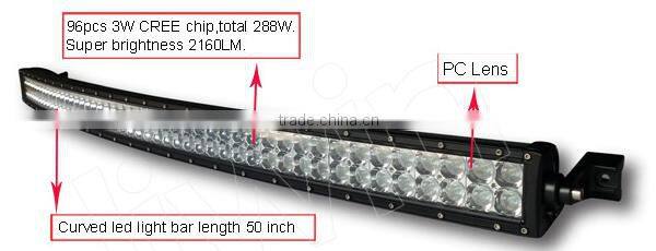 Super quality waterproof offroad 50 inch 288w wholesale car curved led light bar