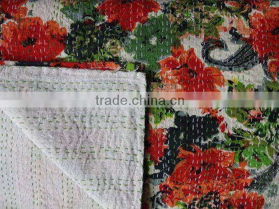 Handmade Kantha Quilt,Cotton Quilt India,Handstiched Floral Kantha Bedspread,Full Double Size Kantha Bedcover,Indian Kanthawork