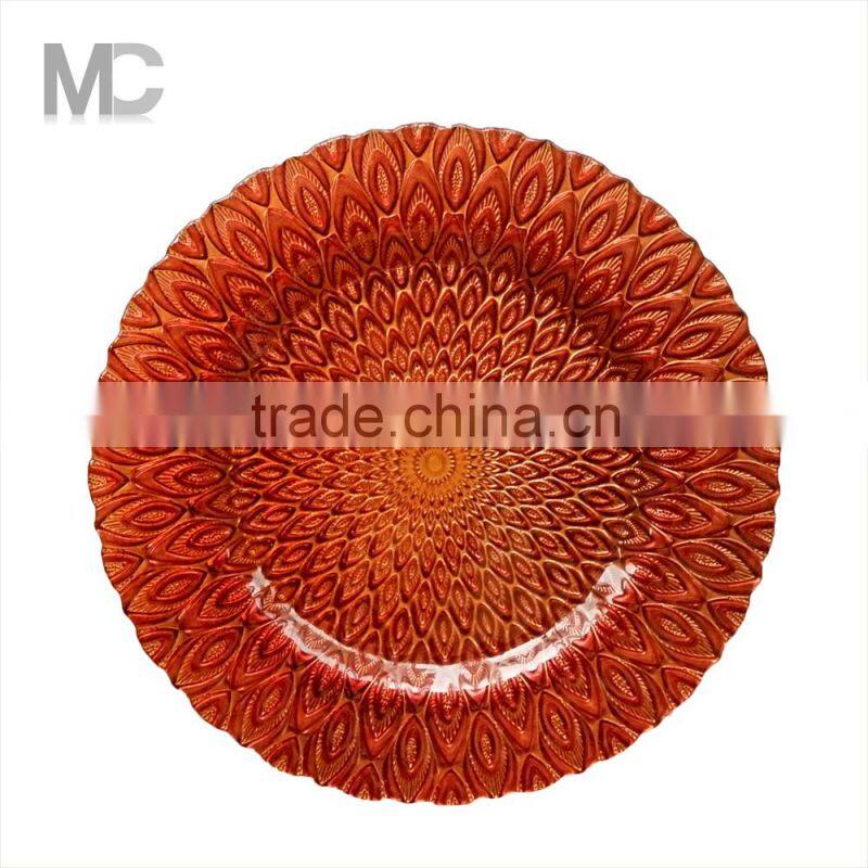 Wholesale Wedding Red Color Peacock Design Glass Charger Plate Underplate