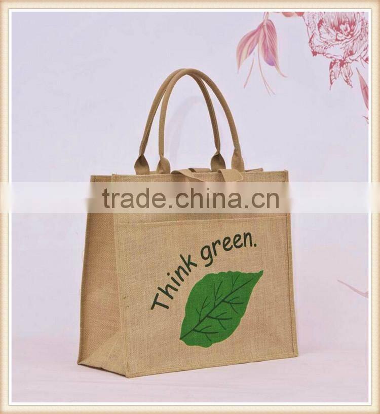 Double tote jute bag with pocket front