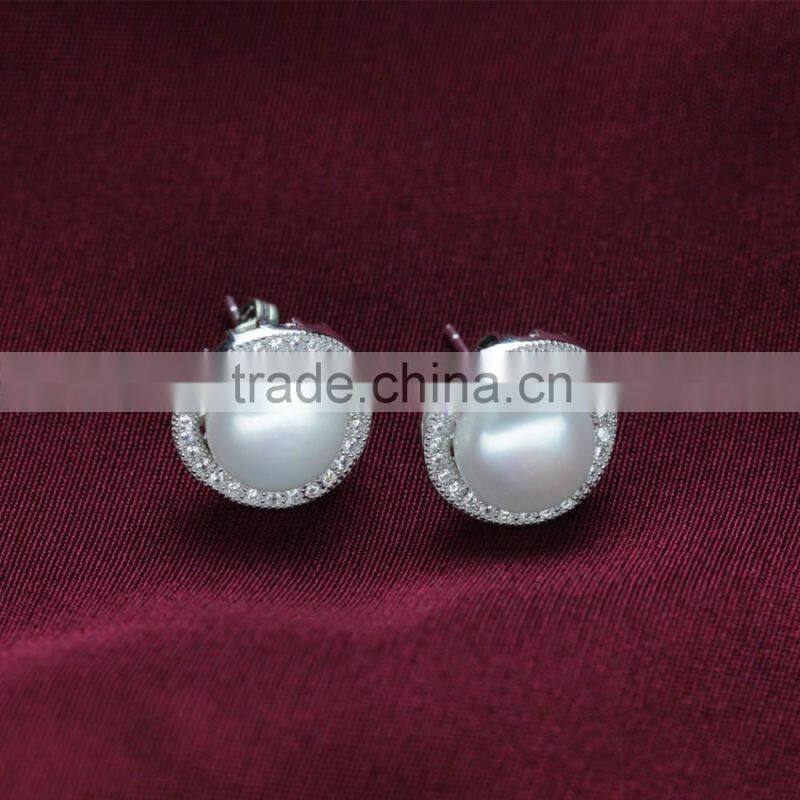 shinning new design zircon 925 sterling silver natural pearl wedding jewelry bridal set