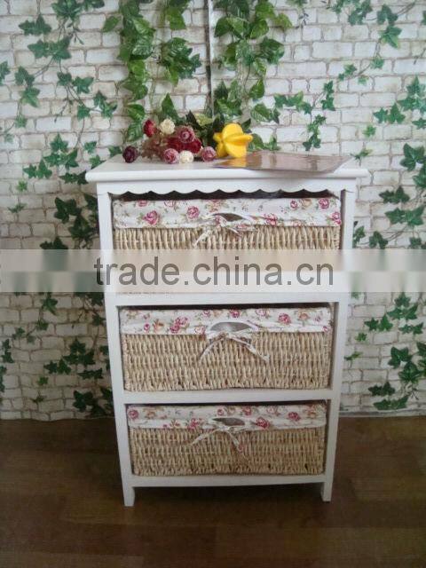 modern designed white wooden cabinet with three wicker drawer