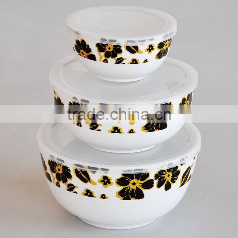 3pcs porcelain bowl set with plastic lid,set of 3pcs bowl with plastic lid,porcelain fresh bowl set