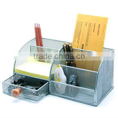 6 divided compartment multifunctional silver metal mesh desk organizer