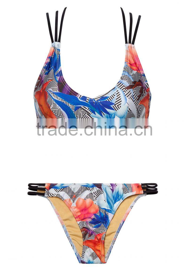 ladies fashion print and cross strap bikini