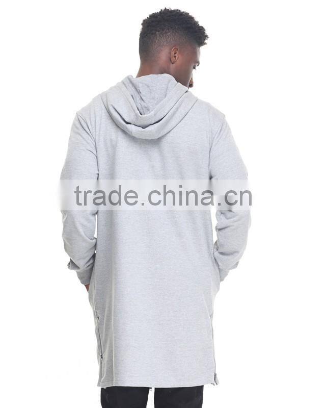 pouch pockets Full front zip up closure Elongated design men's coat with adjustable hooded drawstring Zipper long coat