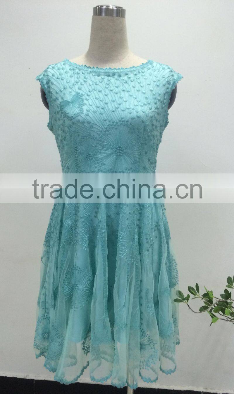 latest ladies mesh embroidery floral sleeveless mini casual lace dress