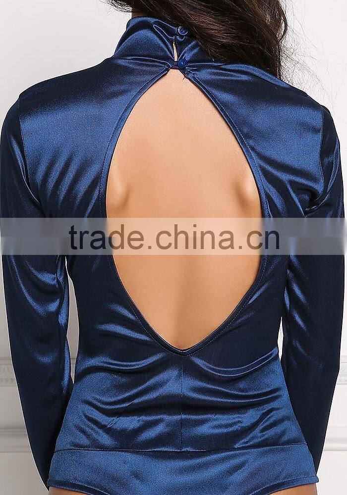 MGOO Custom New Arriva Satin Navy High neck Bodysuits Long Sleeves Plain Shining Open Back Sexy Tops