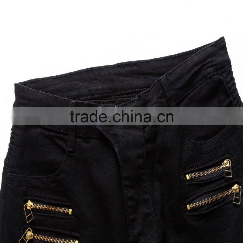 2016 Hot men's fashion men's jeans brand cyclists hole zipper jeans personality male personality beggar pants