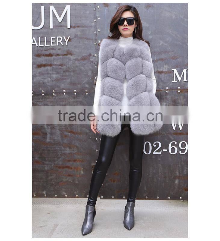 Real Fox Fur Vest Blue Sleeveless Clothing Style O-Neck Solid Natural Fox Fur Waistcoat for women Vest