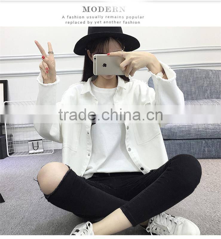 2017 Spring Autumn White Denim Jacket Women Basic Coats Printed Long Sleeve Casual Loose Woman Jeans Jackets Plus Size O nzwt-89