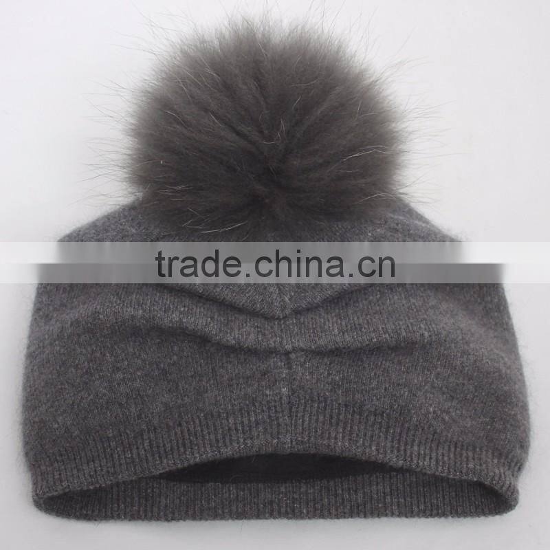 Myfur Elegant Women Flower Cashmere Wool Knit Beanie with Soft Fox Fur Pom Pom