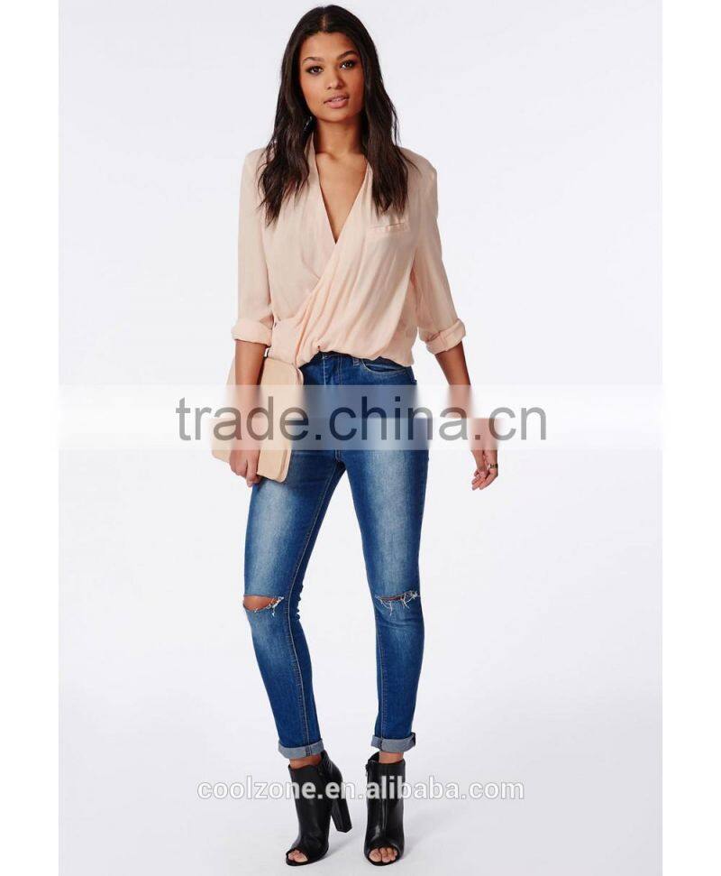 100% Polyester wrap over nude women blouse for middle aged women