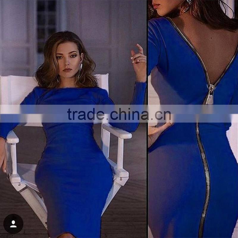 2016 designed for fashion women pencil dress long sleeve zip back ladies' dress OEM