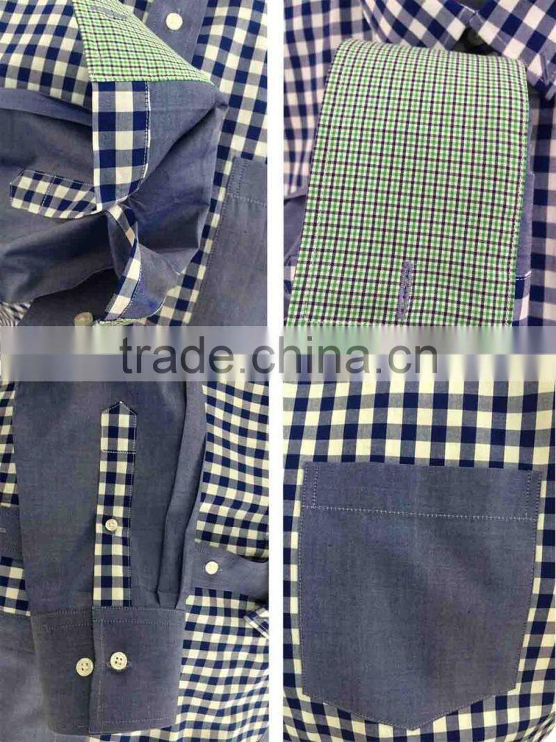 2017 latest design men' plaid cotton shirt with contrast color on placket