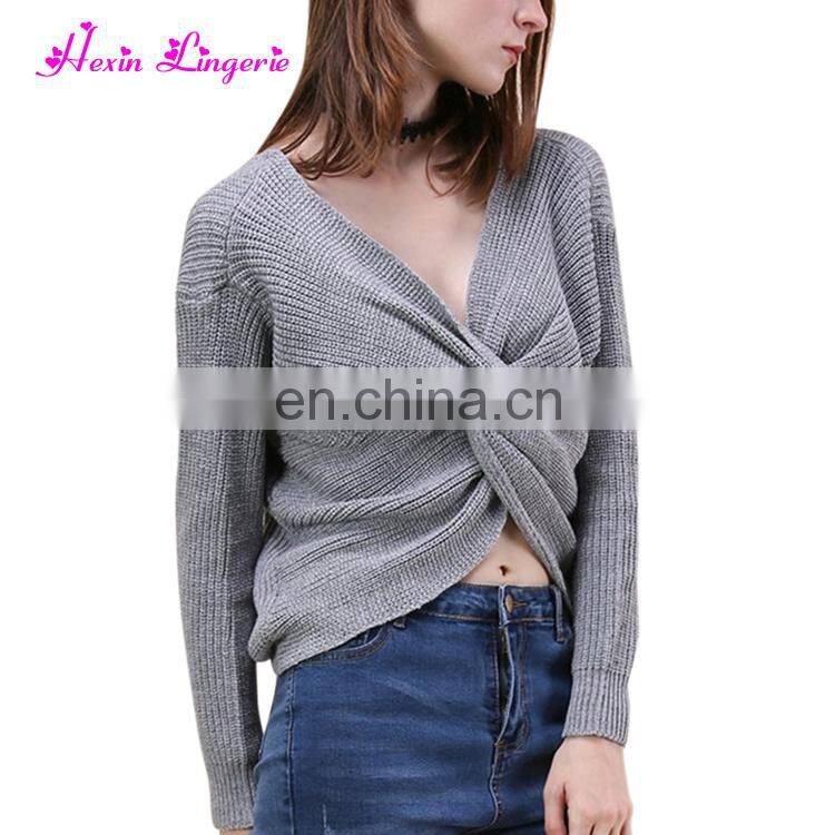 New Arrival sexy gray v neck ladies fancy off shoulder custom knitted cashmere sweater