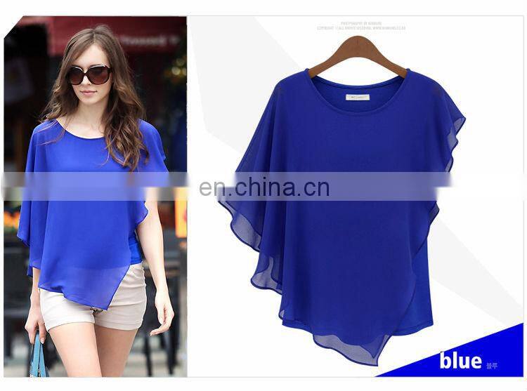 chiffon sheer short sleeved blouse floaty trendy cropped tops cowl neck blouse Irregular flounced blouse