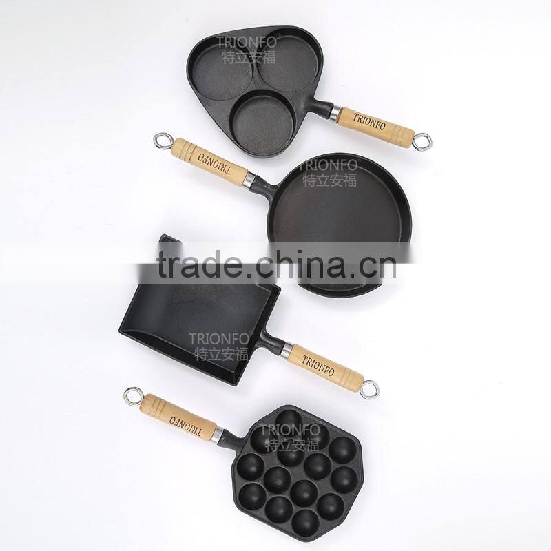 TRIONFO mini cast iron divided frying pan with wooden handle set