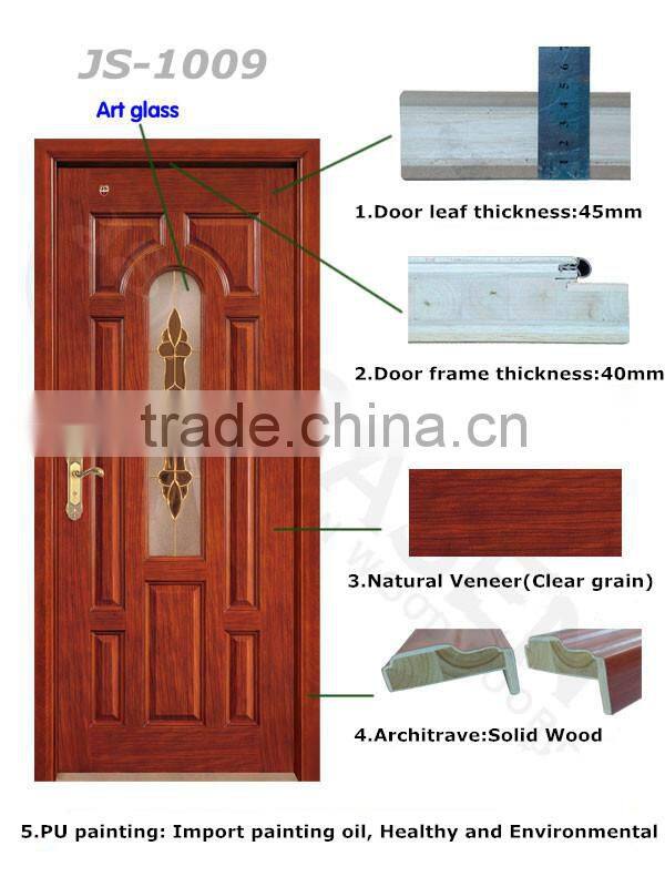New modern design mutil panels entry doors wood door with art glass in guangzhou