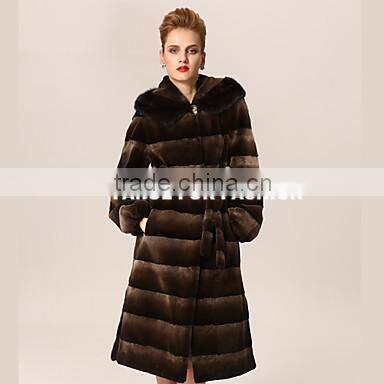 rex14020 Long Sleeve Hood dyed Rex Rabbit Fur Coat