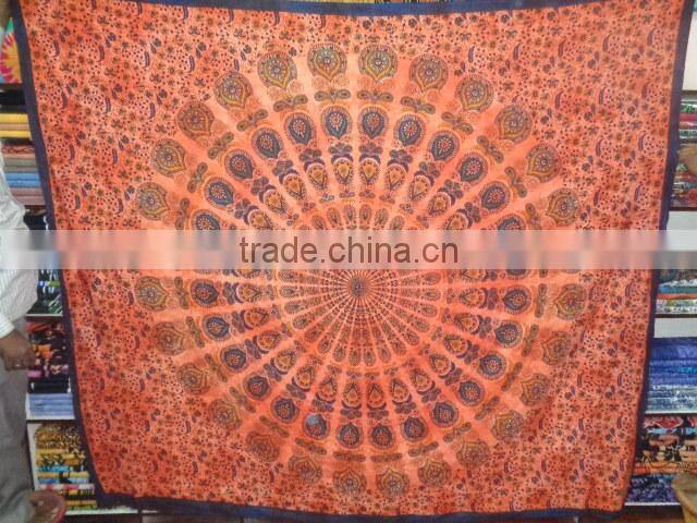 WHITE PRINTED BARMERI PEOCOCK MANDALA PRINTED TAPESTRY