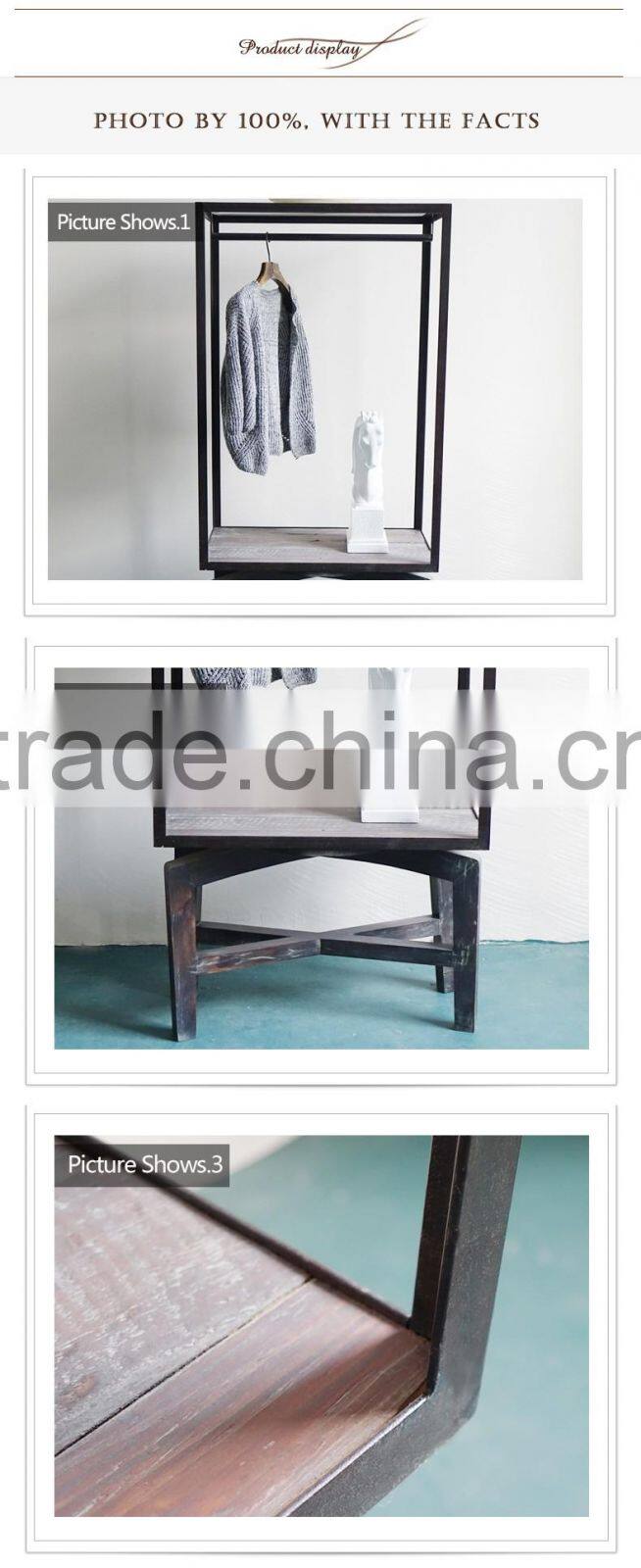 Practical Metal Frame Free Hanging Clothing Display Stand Rack With Wooden Shelf