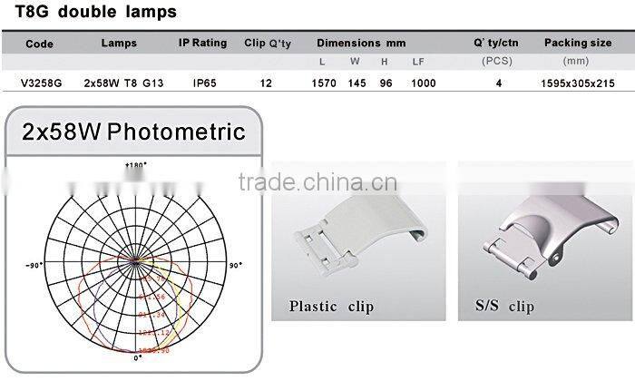 T8 Waterproof Fluorescent Light Fixtures IP65