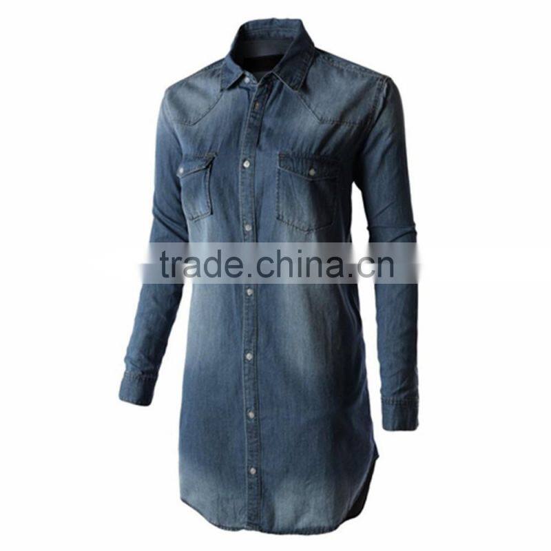 Custom Denim Wash Double Shirt Ladies Dresses