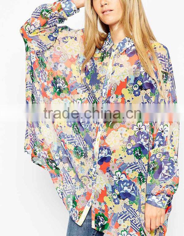 2015 New Latest Printed Blouse Designs Long Sleeve Oversized Kimono Blouse