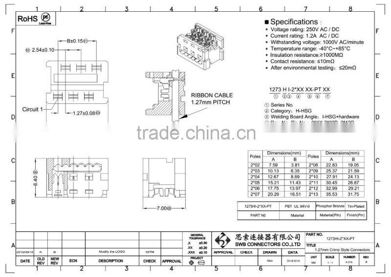 1.27MM Pitch wire to board electrical connectors