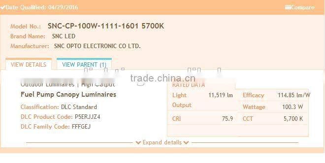 Cutting-edge 100w patent design led canopy lights with UL cUL DLC list for gas station lighting