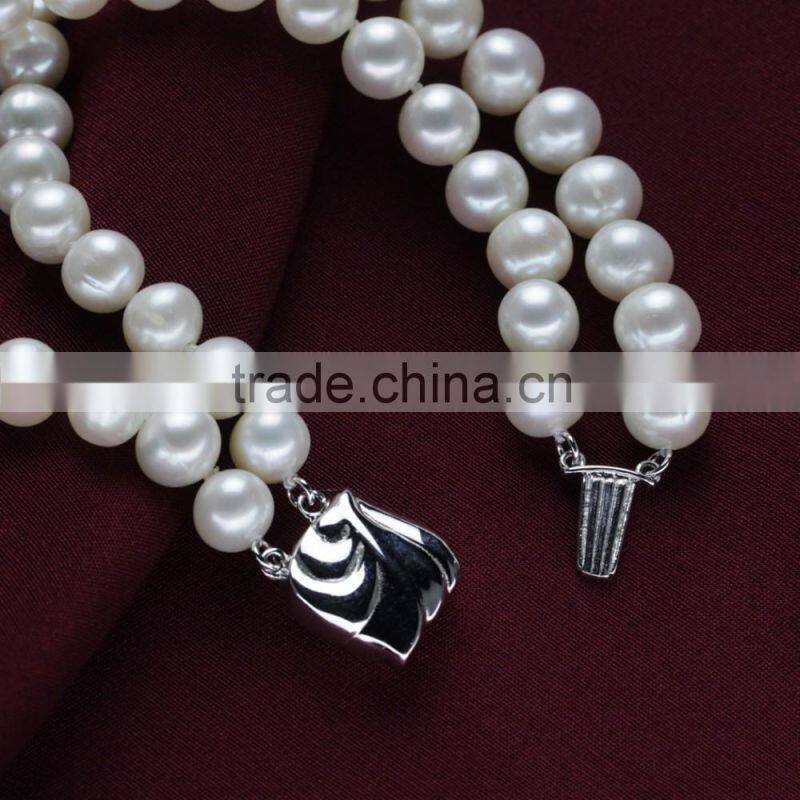 8mm AAA white near round white bridal wedding accessory freshwater natural double strand pearl bracelet