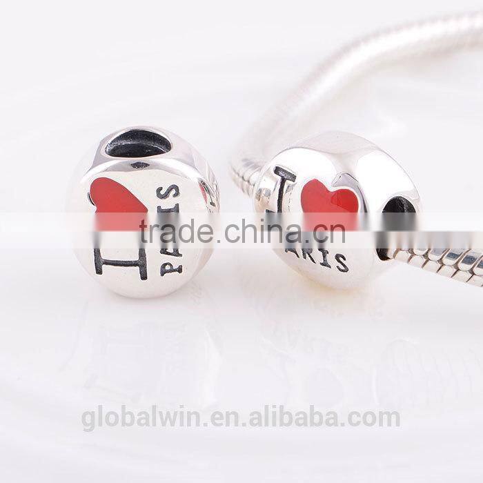 925 Sterling Silver Charm Enamel Heart Paris Charms Silver Beads For Snake Chain Bracelet DIY Jewelry