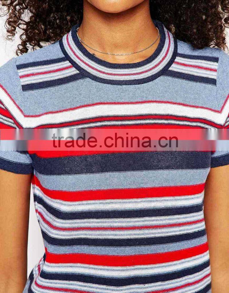 High fashion design hand -made sweater dress short sleeve sweater dress colorfull stripe sweater dress