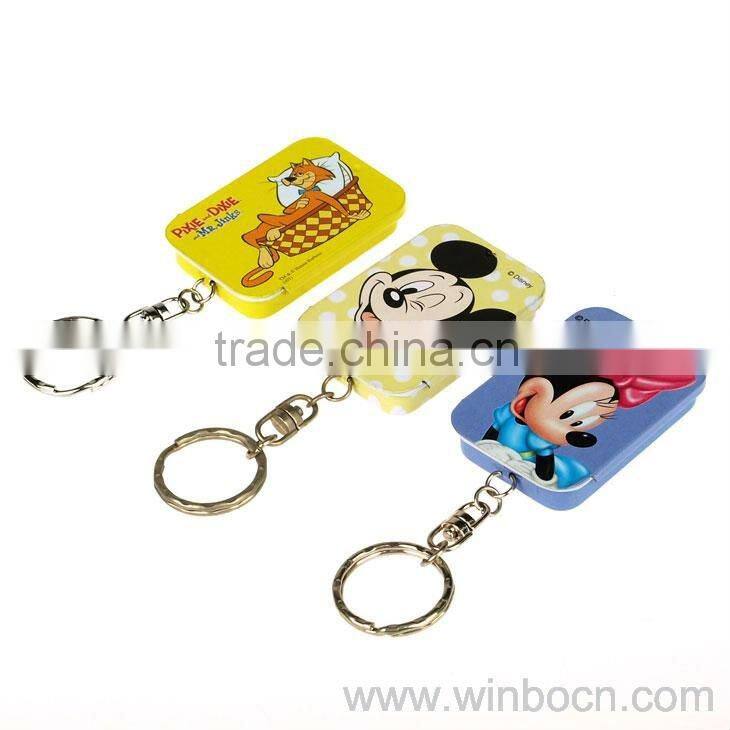 Rectangle tinplate kids key chain ring caroon tin box