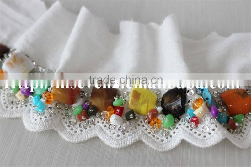 100% cotton water soluble lace trim with colorful beaded design for sale
