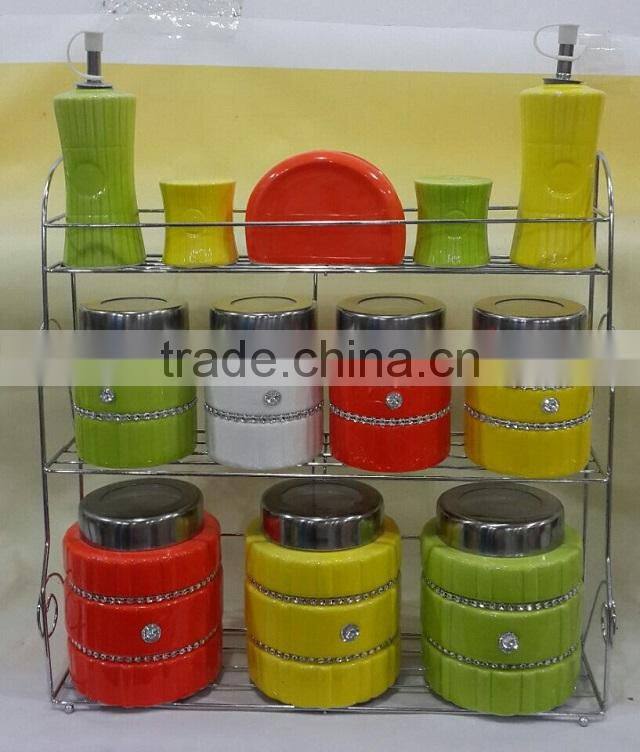 ceramic canister with metal lid & metal stand