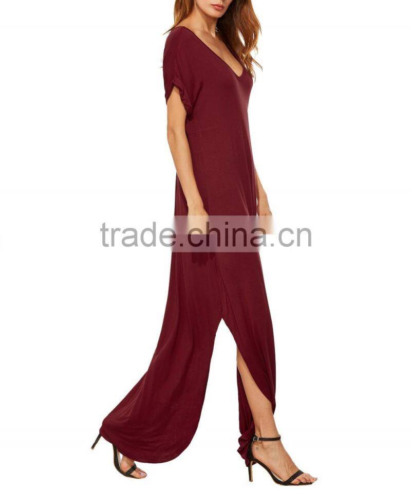 Guangzhou Clothing OEM Red Pocket Split Dress Pictures Of Latest Elegant Designs