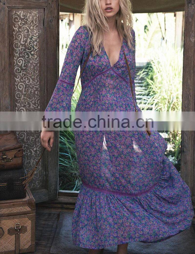 New Style Long Sleeve Chiffon Flirty V Neck Frock Design Maxi Dress Sexy Necked Women Picture HSd5175