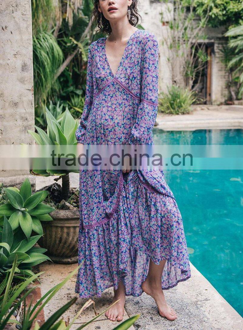 New Style Long Sleeve Chiffon Flirty V Neck Frock Design Maxi Dress Sexy Necked Women Picture HSd5175