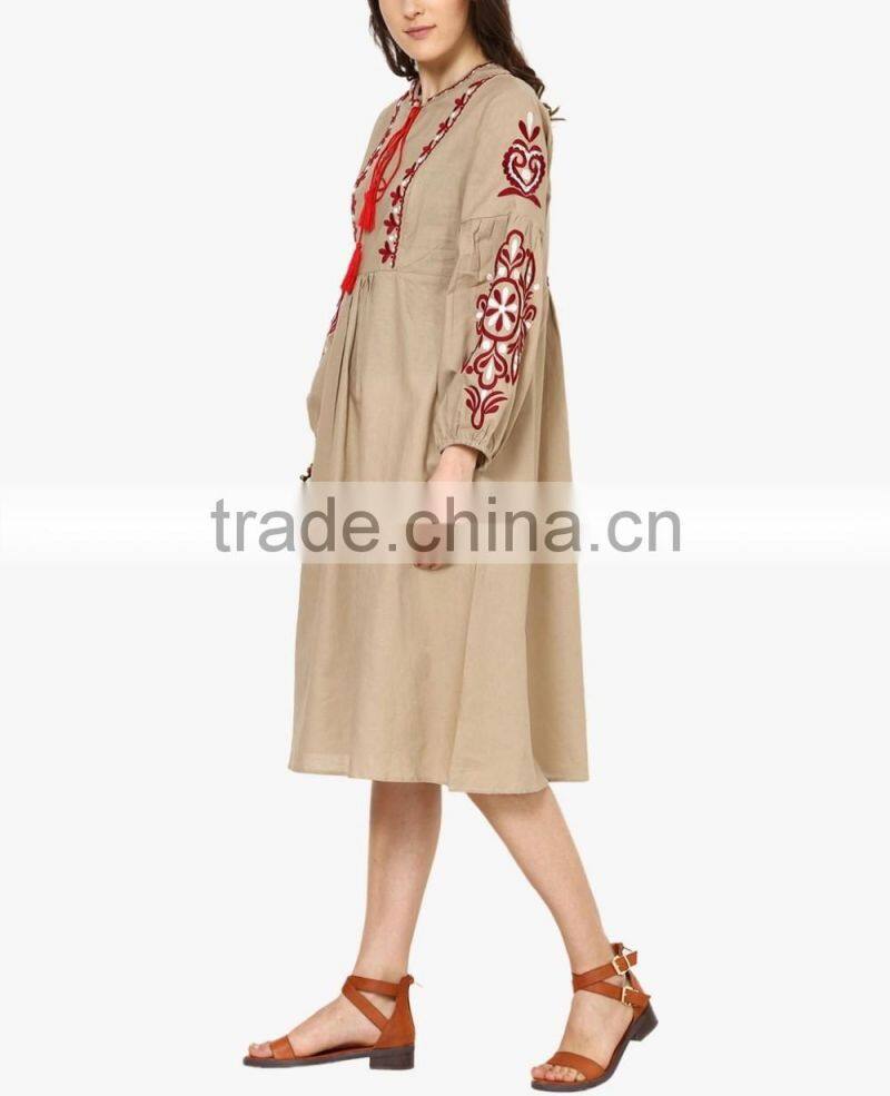 Boho Ukrainian Designs Beige Embroidered Shift Dress Bohemian Clothing Style Long Sleeve Maxi Dress HSd5083