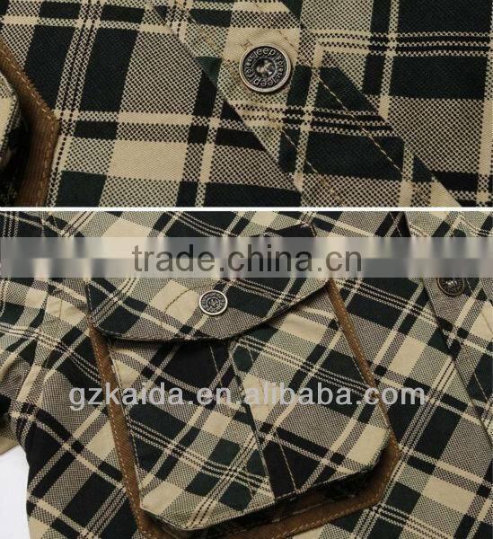 100% Cotton Cloth Men's Long Shirt with Corduroy Color Contrast at Sleeves Mouth