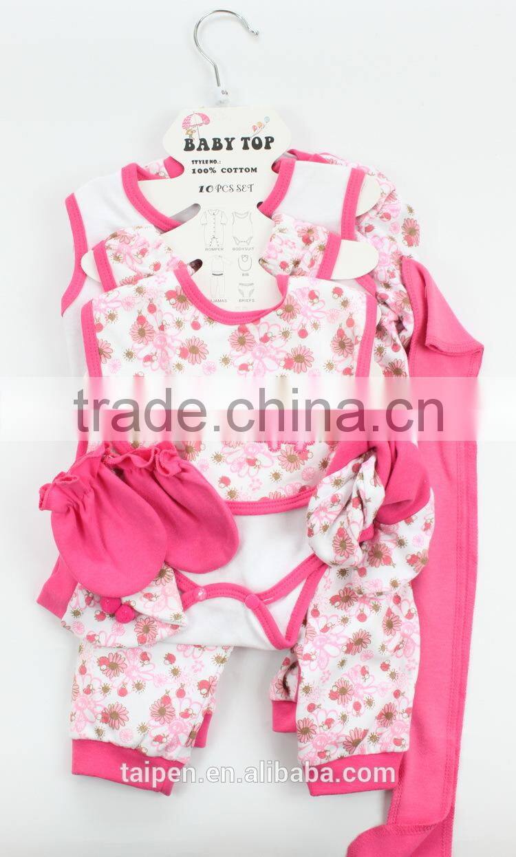 Wholesale Knitted 100% Cotton Pink Color 10Pcs New Born Baby Clothing Set With Hanger Package 10TB1-32