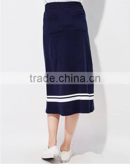 Female money navy blue printed knitted waistband draw string dress