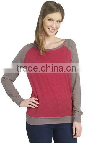 Factory Direct Wholesale Women's Cotton Poly Contrast Raglan Long Sleeve Pullover