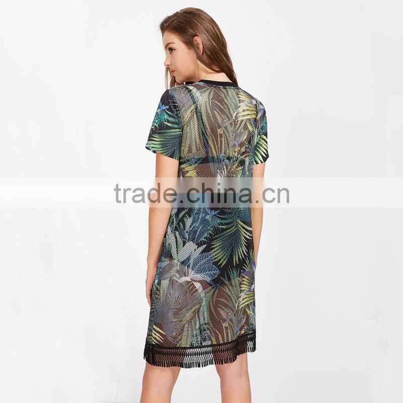 WOMEN sexy short shirt dress, printed and mesh design black dress