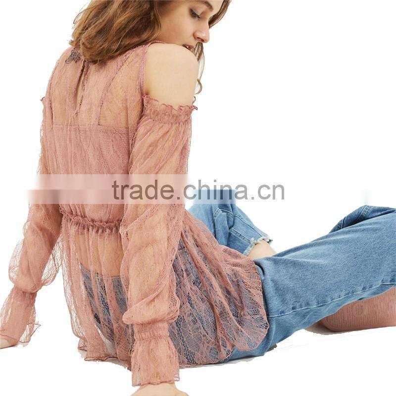 2017 OEM Spring Romantic Pink Lace Frill Strapless Women's Blouses