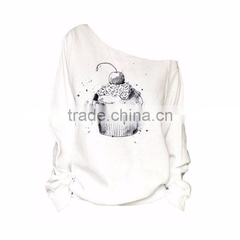Latest White Off Shoulder Cake Print Sweatshirt for Women