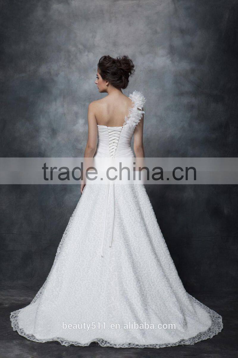 Wholesale Elegant A-line Sweetheart one shoulder Lace wedding gown with Long Sleeves wedding Bridal dress AS284